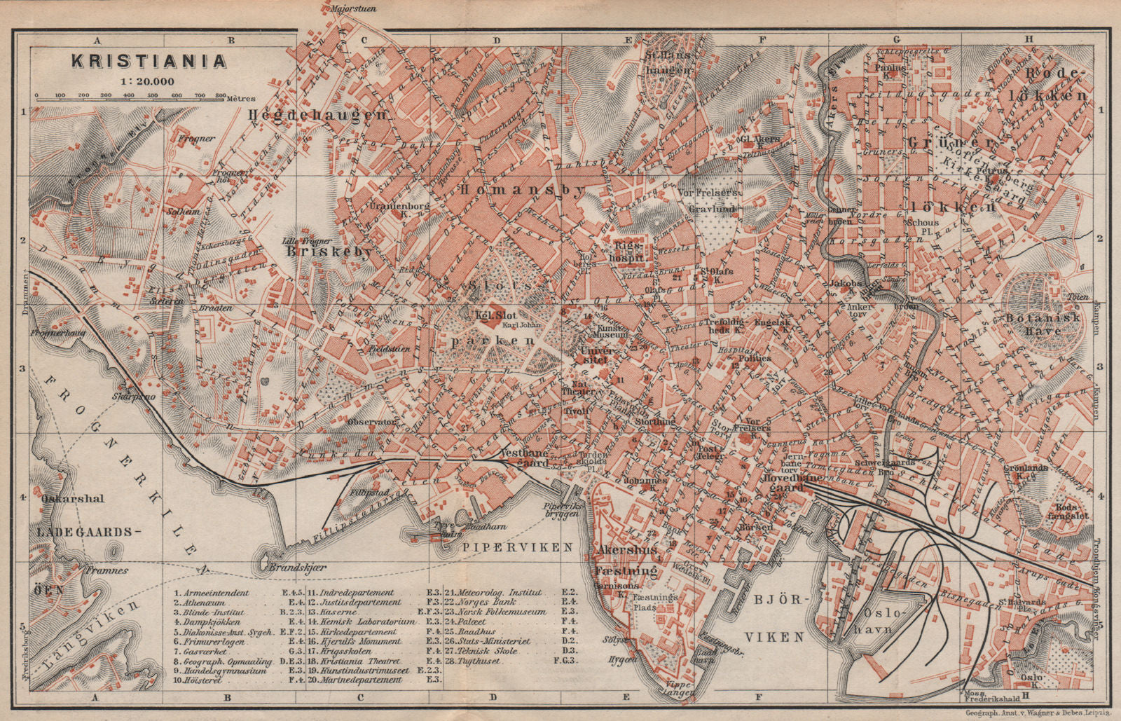 CHRISTIANIA (OSLO) antique town city byplan. Norway kart. BAEDEKER 1899 map